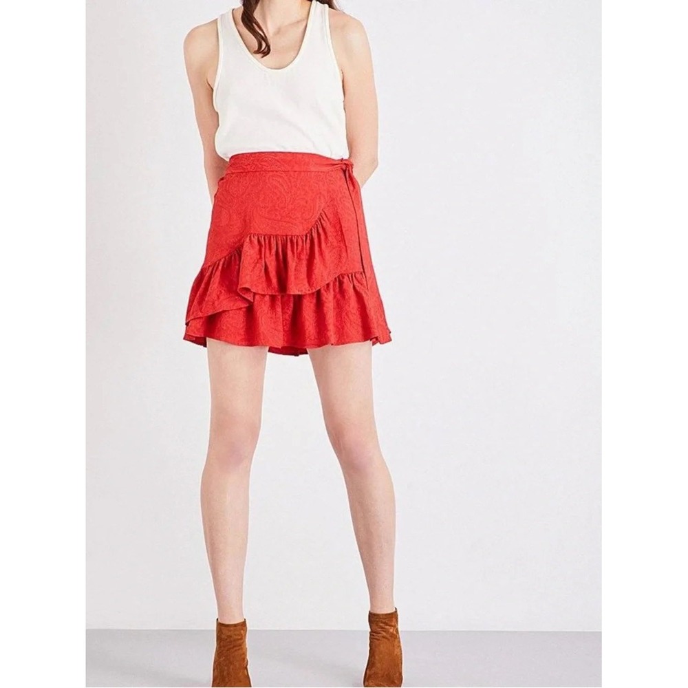 Maje Jahima Red Paisley Jacquard Ruffle Wrap Mini Skirt Size 34 XS